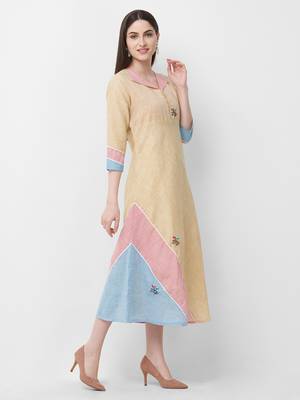 Beige printed linen ethnic-kurtis 3