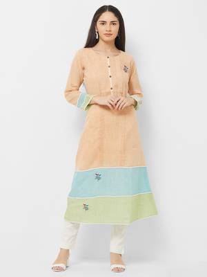 Peach printed linen ethnic-kurtis 1