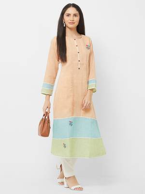 Peach printed linen ethnic-kurtis 4