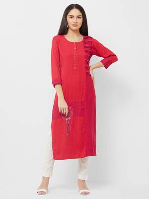 Red plain rayon ethnic-kurtis 1