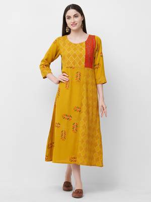 Yellow printed rayon ethnic-kurtis 1