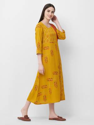 Yellow printed rayon ethnic-kurtis 3