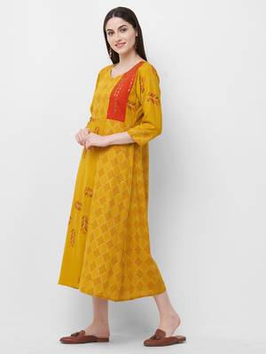 Yellow printed rayon ethnic-kurtis 4