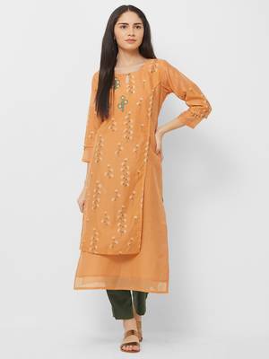Orange printed silk ethnic-kurtis 1