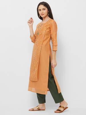 Orange printed silk ethnic-kurtis 4