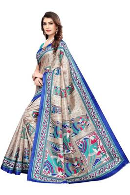 Blue Printed Silk blend Saree With Blouse 2