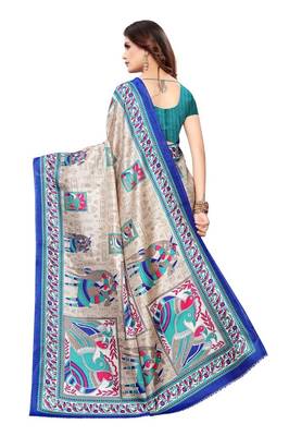 Blue Printed Silk blend Saree With Blouse 3