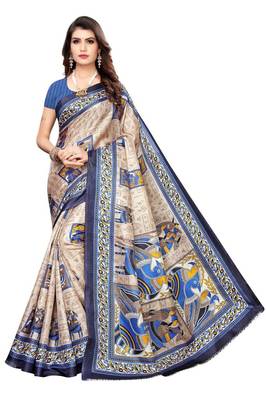 Navy Printed Silk blend Saree With Blouse 1