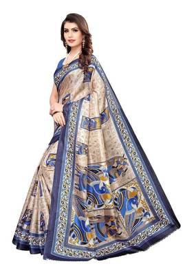 Navy Printed Silk blend Saree With Blouse 2