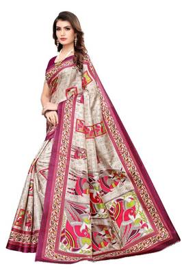 Wine Printed Silk blned Saree With Blouse 2