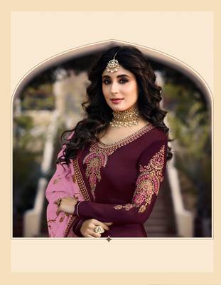 Wine Satin Georgette Straight Salwar Kameez Semi Stitched 2