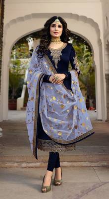 Navy Blue Satin Georgette Straight Salwar Kameez Semi Stitched 1