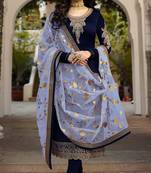 Navy Blue Satin Georgette Straight Salwar Kameez Semi Stitched
