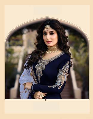 Navy Blue Satin Georgette Straight Salwar Kameez Semi Stitched 2