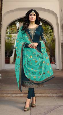 Teal Blue Satin Georgette Straight Salwar Kameez Semi Stitched 1