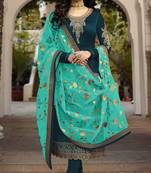 Teal Blue Satin Georgette Straight Salwar Kameez Semi Stitched