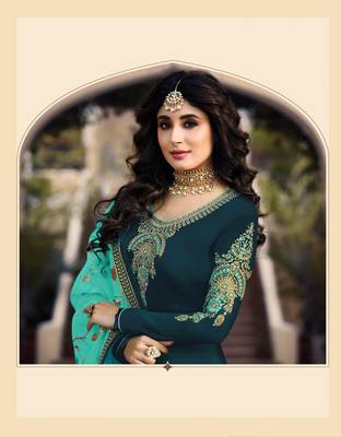Teal Blue Satin Georgette Straight Salwar Kameez Semi Stitched 2