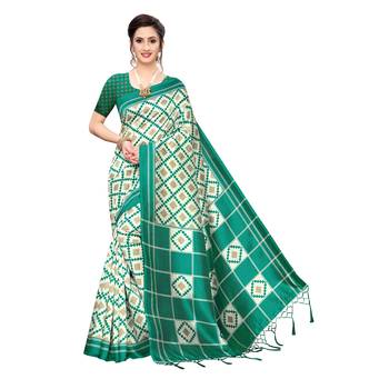 Dark green printed khadi saree with blouse 1