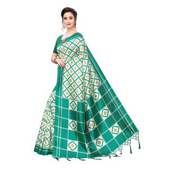 Dark green printed khadi saree with blouse 2