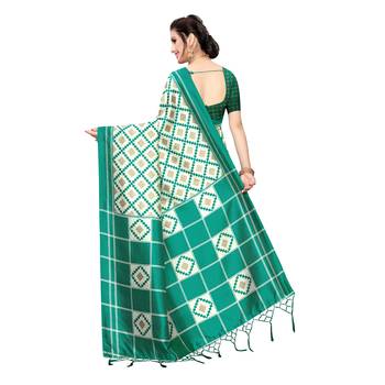 Dark green printed khadi saree with blouse 4