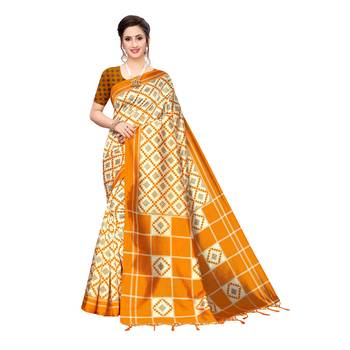 Yellow printed khadi saree with blouse 1