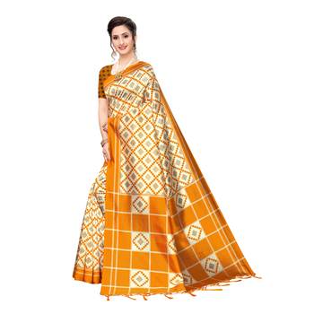 Yellow printed khadi saree with blouse 2