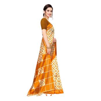 Yellow printed khadi saree with blouse 3