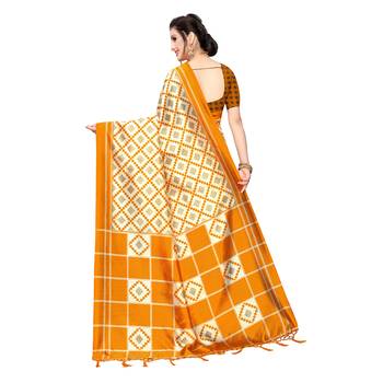 Yellow printed khadi saree with blouse 4