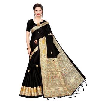 Black printed khadi saree with blouse 1