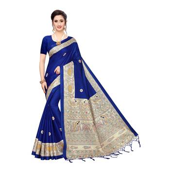 Blue printed khadi saree with blouse 1