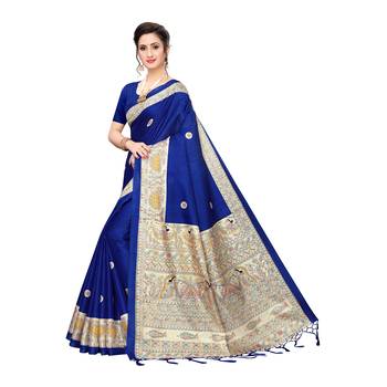 Blue printed khadi saree with blouse 2