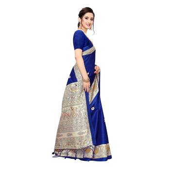 Blue printed khadi saree with blouse 3