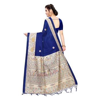 Blue printed khadi saree with blouse 4