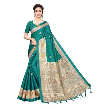 Green printed khadi saree with blouse 1