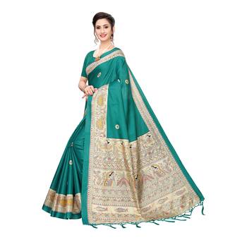 Green printed khadi saree with blouse 2