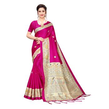 Pink printed khadi saree with blouse 1
