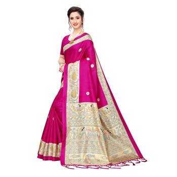 Pink printed khadi saree with blouse 2