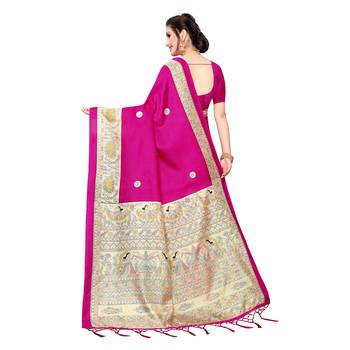Pink printed khadi saree with blouse 4