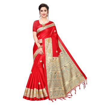 Red printed khadi saree with blouse 1