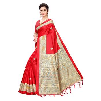 Red printed khadi saree with blouse 2