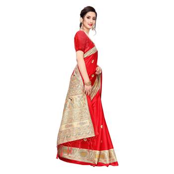 Red printed khadi saree with blouse 3