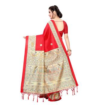 Red printed khadi saree with blouse 4