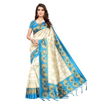 Blue printed art silk saree with blouse 1