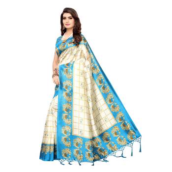 Blue printed art silk saree with blouse 2