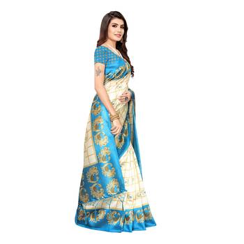 Blue printed art silk saree with blouse 3