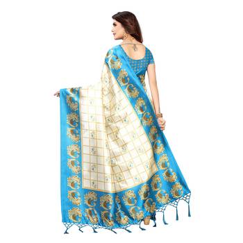 Blue printed art silk saree with blouse 4