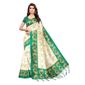 Green printed art silk saree with blouse 1
