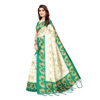 Green printed art silk saree with blouse 2