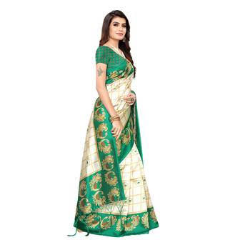Green printed art silk saree with blouse 3
