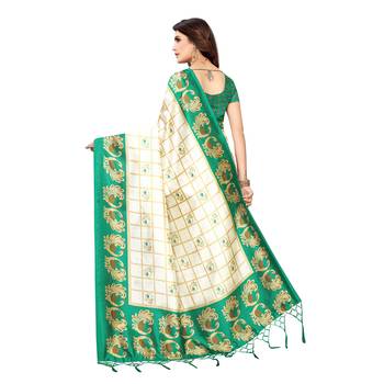 Green printed art silk saree with blouse 4